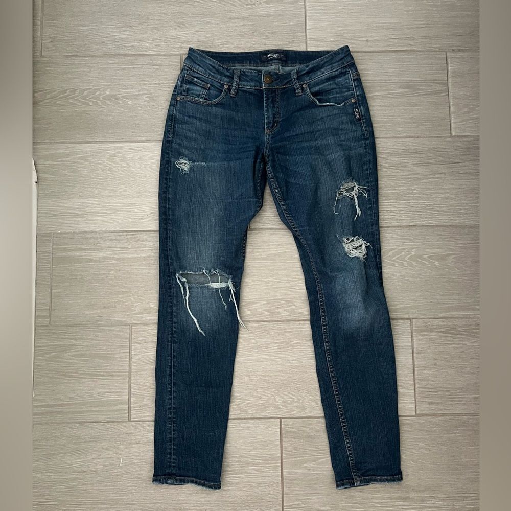 Silver Jeans Distressed Blue Dark Wash Sam Boyfriend Mid Rise Jeans 27 / 27 - Picture 2 of 7